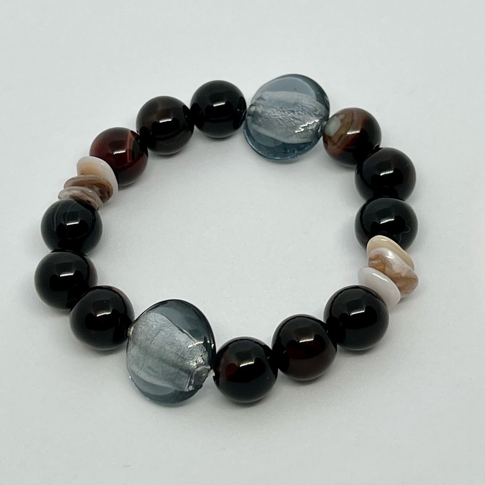 Hand crafted black and brown glass bead stretch bracelet